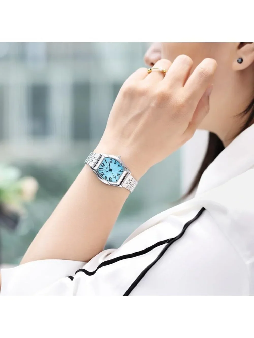 Women's Blue-Silver Barrel-Shaped Easy Read Arabic Numerals Dress Wrist Watch